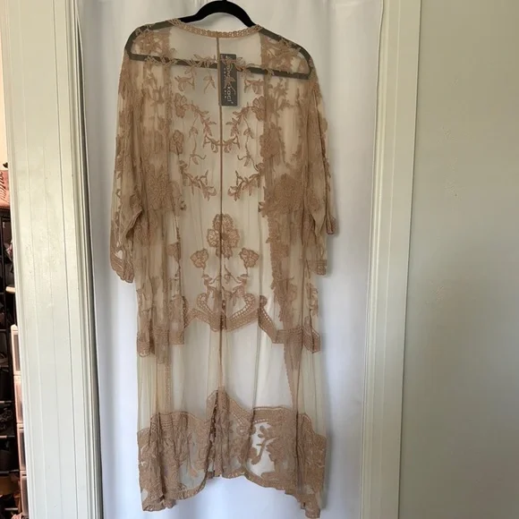 Sheer Embroidered Kimono Duster - Tan - Picture 3 of 9